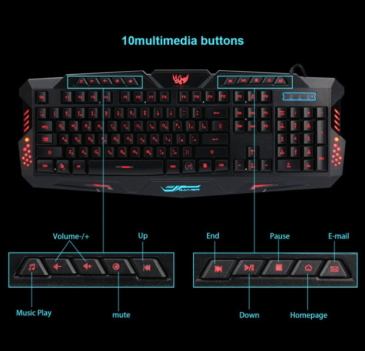 Tricolor backlight wired gaming keyboard